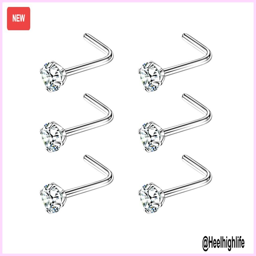 Surgical Steel L-Shaped Nose Studs with Cubic Zirconia, 3mm Diameter